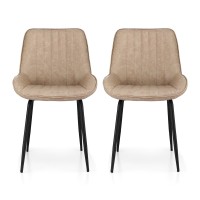 Artiss Retro PU Leather Dining Chairs Set of 2 - Khaki, Channel-Tufted with Ergonomic Support and Sturdy Metal Legs