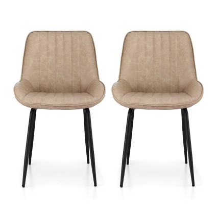 Artiss Retro PU Leather Dining Chairs Set of 2 - Khaki, Channel-Tufted with Ergonomic Support and Sturdy Metal Legs