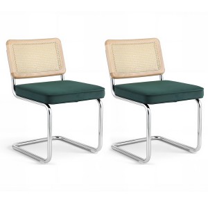 Artiss Set of 2 Velvet Rattan Dining Chairs, Cantilever Stainless Steel Frame, Green, 47x46x77cm, Modern Chic Design
