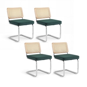 Artiss Set of 4 Green Velvet Rattan Dining Chairs – Cantilever Design, Stainless Steel Frame, Comfy Foam, Easy Assembly