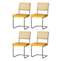 Artiss Felix Dining Chairs Set of 4, Yellow Velvet & Rattan, Cantilever Design, Durable Rubberwood & Steel Frame