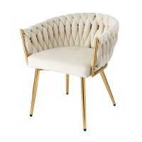 Artiss Velvet Dining Chair Beige, Hand-Woven Backrest, Armrests, Steel Legs, 63x50x69cm, 150kg Capacity