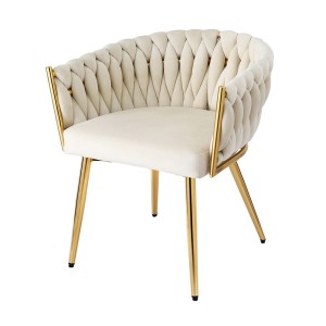 Artiss Velvet Dining Chair Beige, Hand-Woven Backrest, Armrests, Steel Legs, 63x50x69cm, 150kg Capacity