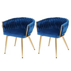 Artiss Set of 2 Velvet Dining Chairs, Hand-Woven Backrest, Armrest, Solid Steel Legs, Blue, 60x50x69cm