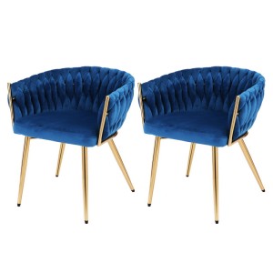Artiss Set of 2 Velvet Dining Chairs, Hand-Woven Backrest, Armrest, Solid Steel Legs, Blue, 60x50x69cm