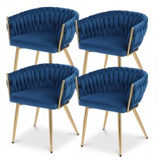 Artiss Set of 4 Velvet Dining Chairs - Blue - Hand-Woven Backrest, Solid Wood Frame, Steel Legs, 150kg Capacity