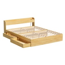 Artiss Aura Queen Bed Frame with Storage Drawers, USB Charging Ports, Thick Particleboard, Plywood Slats, Wood Finish