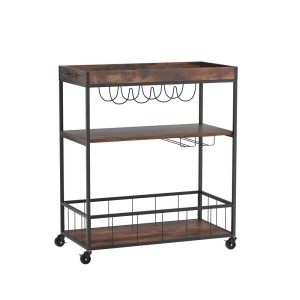 Artiss Kitchen Island Rolling Serving Cart, Metal & Oak, 78x40x90cm, Mobile Storage with Wine & Glass Racks