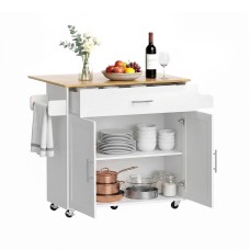 Artiss 90cm Kitchen Island Trolley with Foldable Drop Leaf Rolling Serving Cart White Oak Cabinet Storage