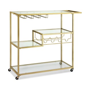 Artiss Gold Bar Cart: 102cm Drink Trolley with Wine Rack, Glass Holder, Mirrored Shelves, and Lockable Casters