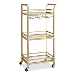 Artiss Gold Rolling Kitchen Island Cart with Wine Rack, 3-Tier Mirrored Glass Shelves, 43cm for Versatile Storage
