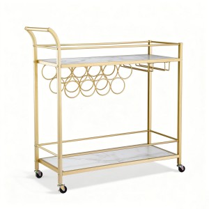 Artiss Marble Bar Cart - Gold Metal Frame, 85cm, Wine Rack & Glass Holder, Rolling Kitchen Island with Lockable Wheels