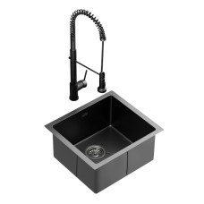 Cefito 51x45cm Stainless Steel Kitchen Sink with Pull-Out Mixer Tap, Single Bowl, Black, PVD Coated, R10 Corners