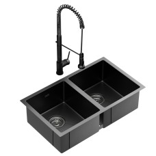 Cefito Stainless Steel Double Bowl Kitchen Sink 77x45CM with Pull Out Black Mixer Tap, R10 Corners, PVD Coated