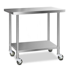 Cefito 1219x610mm Stainless Steel Kitchen Bench with Lockable Wheels, 304 Grade, Adjustable Shelf, Heavy-Duty Worktable