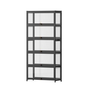 Artiss 5-Tier Black Display Cabinet Bookshelf with Bamboo Frame, Clear Acrylic Panels, and Magnetic Door Closure