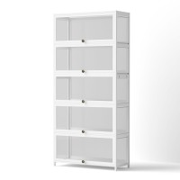 Artiss 5-Tier White Display Cabinet Bookshelf - Bamboo Frame, Acrylic Panels, 78.5x32x172cm, Magnetic Closure, Anti-Tip
