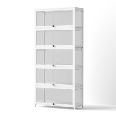 Artiss 5-Tier White Display Cabinet Bookshelf - Bamboo Frame, Acrylic Panels, 78.5x32x172cm, Magnetic Closure, Anti-Tip