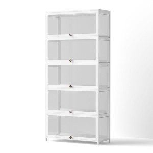 Artiss 5-Tier White Display Cabinet Bookshelf - Bamboo Frame, Acrylic Panels, 78.5x32x172cm, Magnetic Closure, Anti-Tip