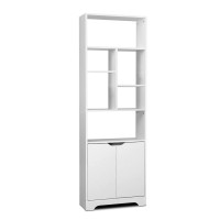 Artiss Bookshelf with Cabinet, Particle Board, White, 60x23.5x180cm, Modern Geom Display Shelf, Spacious Storage