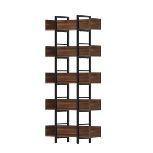 Artiss Walnut 5-Tier Bookshelf: E1 Particle Board & Metal Frame, 20kg/Shelf, 80x31x182cm, Anti-Tip Kit Included