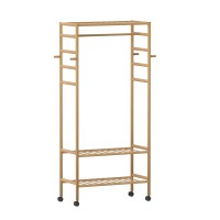 Artiss 169cm Bamboo Clothes Rack Wardrobe Coat Stand with Hanging Rail, Side Hooks, and 360° Lockable Wheels
