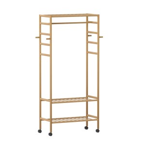 Artiss 169cm Bamboo Clothes Rack Wardrobe Coat Stand with Hanging Rail, Side Hooks, and 360° Lockable Wheels