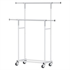 Artiss Heavy Duty Double Rod Clothes Rack, Adjustable Metal Coat Stand with Wheels, Collapsible, 78–136cm, Silver Artiss Heavy Duty Double Rod Clothes Rack, Adjustable Metal Coat Stand with Wheels, Collapsible, 78–136cm, Silver