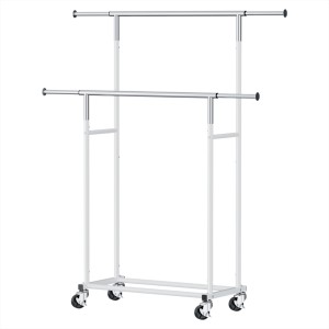 Artiss Heavy Duty Double Rod Clothes Rack, Adjustable Metal Coat Stand with Wheels, Collapsible, 78–136cm, Silver