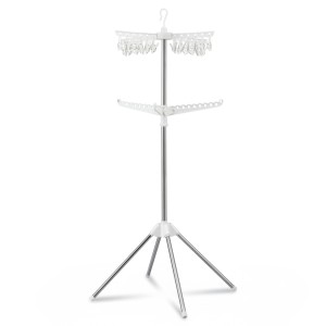Artiss 2-Tier Foldable Clothes Rack Airer - 360° Rotatable Hanger, 27 Holes, 24 Clips, Stainless Steel, 64x64