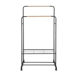 Artiss Double Rod Clothes Rack with Two Storage Shelves Lockable 360° Wheels Powder Coated Metal 80x50x155cm