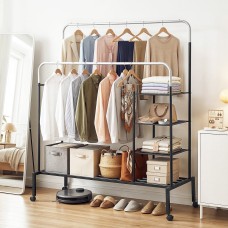 Artiss Double Rod Clothes Rack 4-in-1 Heavy Duty Metal Garment Rail with Mesh Shelves and Lockable Casters
