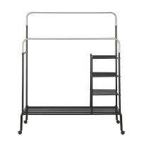 Artiss Double Rod Clothes Rack 4-in-1 Heavy Duty Metal Garment Rail with Mesh Shelves and Lockable Casters