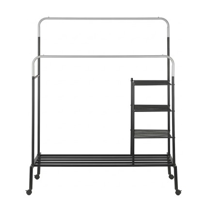 Artiss Double Rod Clothes Rack 4-in-1 Heavy Duty Metal Garment Rail with Mesh Shelves and Lockable Casters