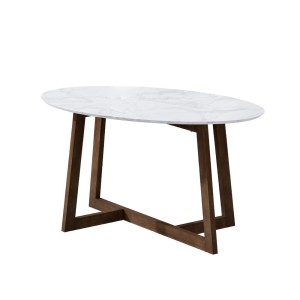 Artiss Coffee Table Oval Marble Effect, MDF & Rubber Wood, 80x50x45cm, White & Walnut, Stylish & Durable Design