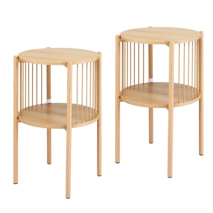 Artiss Set of 2 Round End Tables Pine 2‑Tier Side Tables Straw Rope Metal Detail 39x65cm Compact Boho