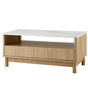 Artiss Coffee Table with Marble Effect Top, Fluted Drawer Panel, Wood & White, 90x45cm, Pine Legs, 2 Drawers, Shelf