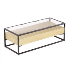 Artiss Modern Pine Coffee Table with 2 Drawers, Glass Top & Metal Frame - Sleek, Durable & Easy Assembly