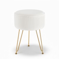 Artiss Velvet Ottoman Foot Stool, Round White with Gold Legs, 33x33x46cm, MDF Frame, High-Resilience Foam Padding