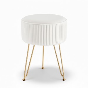 Artiss Velvet Ottoman Foot Stool, Round White with Gold Legs, 33x33x46cm, MDF Frame, High-Resilience Foam Padding