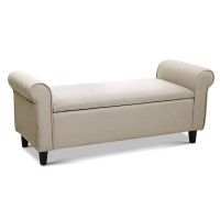 Artiss 125cm Taupe Linen Storage Ottoman: Elegant Seating, Ample Storage, Solid Wood Build, Lift-Up Lid, Armrests