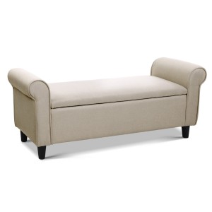 Artiss 125cm Taupe Linen Storage Ottoman: Elegant Seating, Ample Storage, Solid Wood Build, Lift-Up Lid, Armrests
