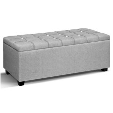 Artiss 97cm Storage Ottoman Blanket Box - Light Grey Faux Linen, Tufted Button Design, Solid Wood, Ample Storage Space