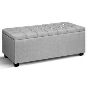 Artiss 97cm Storage Ottoman Blanket Box - Light Grey Faux Linen, Tufted Button Design, Solid Wood, Ample Storage Space
