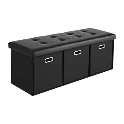 Artiss Storage Ottoman 3 Cube Drawers Foldable Footstool Seat PU Leather Faux Linen Black 102cm x 39cm