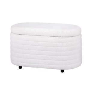 Artiss Storage Ottoman Blanket Box 87cm Bouclé Fabric Oval, White, Padded Seat, Hinged Lid, Bedroom Organiser