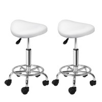 Artiss 2x Salon Stool Saddle Swivel Chair - White, PU Leather, Adjustable Height, 360° Rotatable, Chrome Base