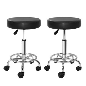 Artiss 2x Salon Stool Round Swivel Chair Black - PU Leather, 360° Rotatable, Height Adjustable, Chrome Base, Set of 2