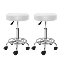 Artiss 2 White Salon Stools - Round Swivel Chair with PU Leather, Chrome Base, 360° Rotation & Adjustable Height