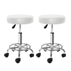 Artiss 2 White Salon Stools - Round Swivel Chair with PU Leather, Chrome Base, 360° Rotation & Adjustable Height